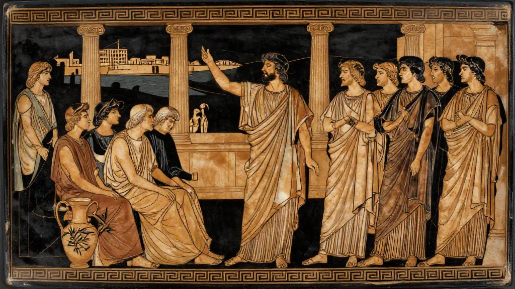 Darius's Rise and the Constitutional Debate — Attic red-figure pottery painting