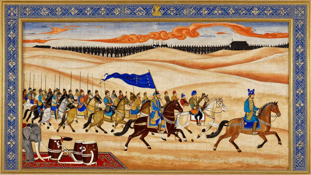 The Invasion of Sa'd ibn Abi Waqqas and Yazdegerd Sends Rostam to Battle — Persian miniature painting