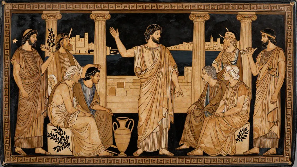 The Debate at Sparta — Attic red-figure pottery painting
